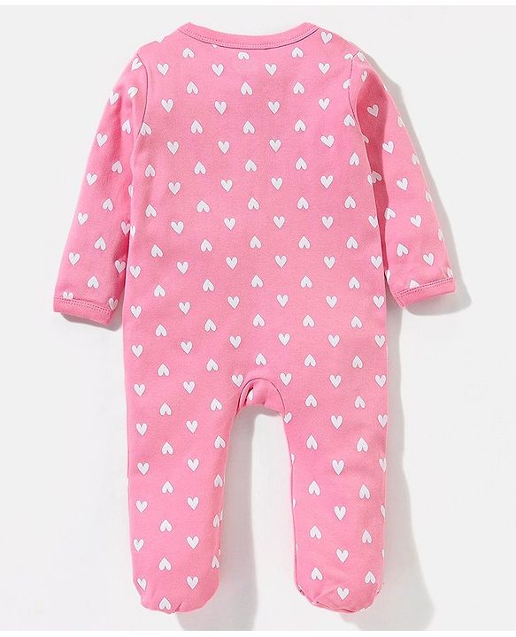 Babyhug Cotton Knit Full Sleeves Footed Sleepsuit Heart Print & Giraffe Applique - Pink