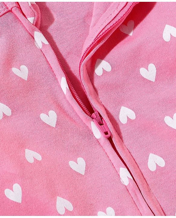 Babyhug Cotton Knit Full Sleeves Footed Sleepsuit Heart Print & Giraffe Applique - Pink