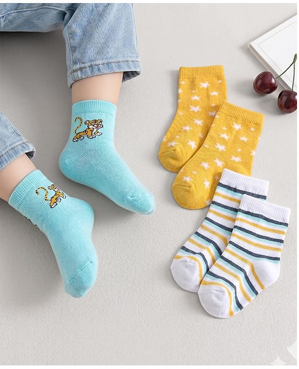 Cute Walk by Babyhug Anti Bacterial Ankle Length Striped Socks Pack of 3 - Blue Yellow