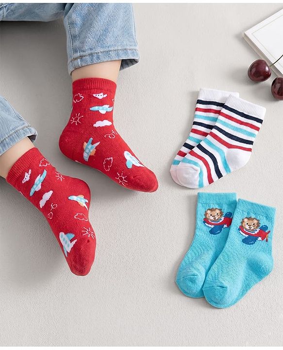 Cute Walk by Babyhug Anti Bacterial Ankle Length Striped Socks Pack of 3 - Blue Red