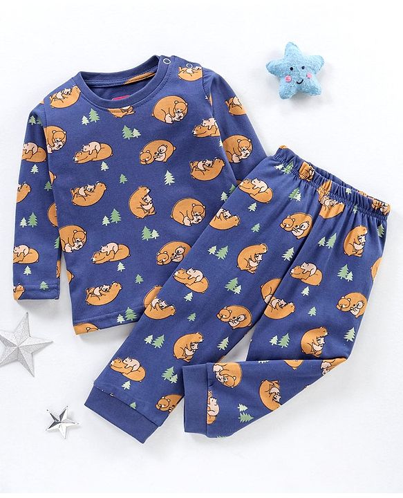 Babyhug Cotton Full Sleeves Night Suit Bear Print- Blue