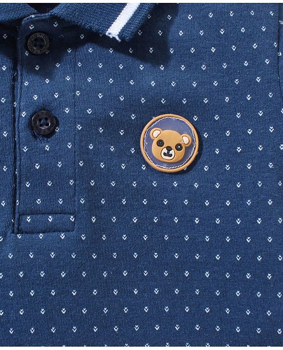 Babyhug Cotton Half Sleeves Polo T-Shirt with Bear Applique Dot Print - Blue