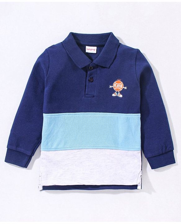 Babyhug Cotton Knit Full Sleeves Cut & Sew with Graphic Detailing Polo T-Shirt - Navy Blue & Grey