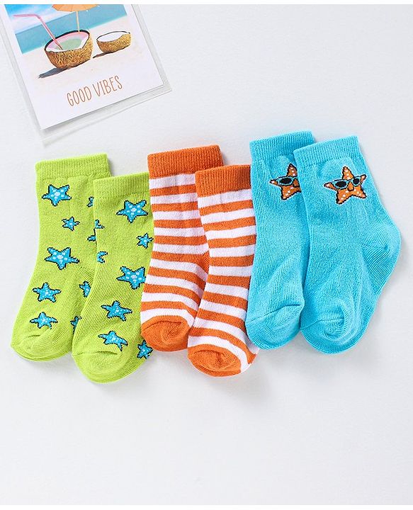 Cute Walk by Babyhug Anti Bacterial Ankle Length Non Terry Striped Socks Star Print Pack of 3 - Blue Green