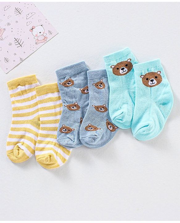 Cute Walk by Babyhug Anti Bacterial Ankle Length Non Terry Striped Socks Bear Design Pack of 3 - Blue Yellow
