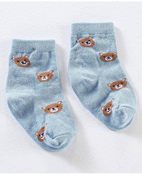 Cute Walk by Babyhug Anti Bacterial Ankle Length Non Terry Striped Socks Bear Design Pack of 3 - Blue Yellow
