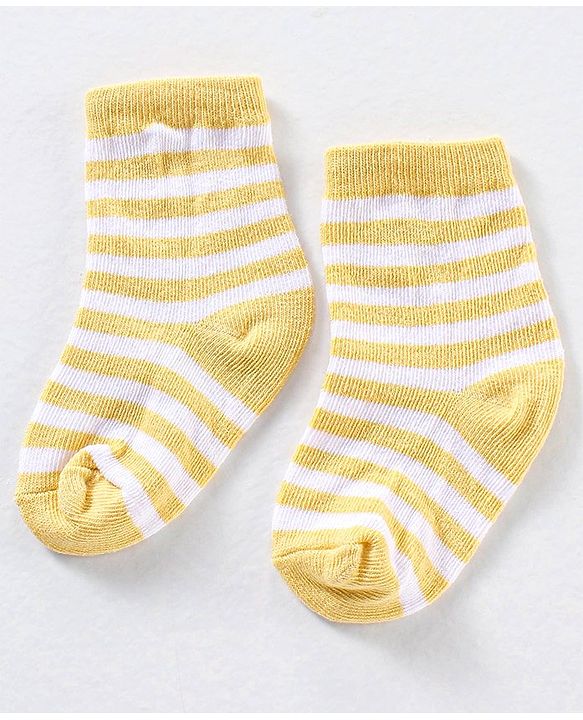 Cute Walk by Babyhug Anti Bacterial Ankle Length Non Terry Striped Socks Bear Design Pack of 3 - Blue Yellow