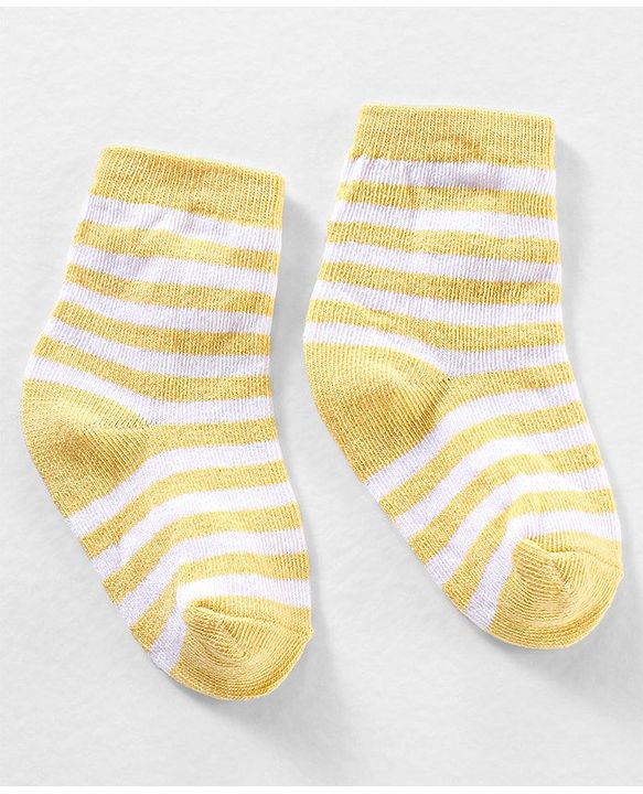 Cute Walk by Babyhug Anti Bacterial Ankle Length Non Terry Striped Socks Bear Design Pack of 3 - Blue Yellow