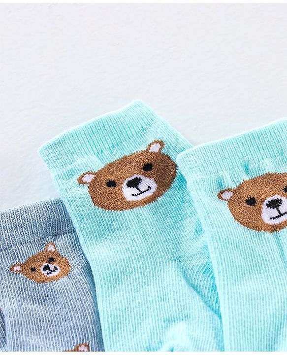 Cute Walk by Babyhug Anti Bacterial Ankle Length Non Terry Striped Socks Bear Design Pack of 3 - Blue Yellow