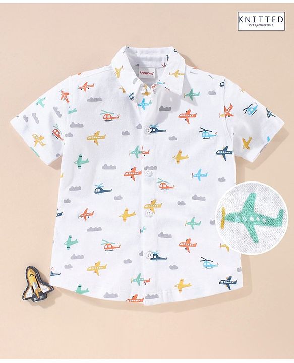 Babyhug Cotton Half Sleeves Knit Boys Shirt Aeroplane Print - White