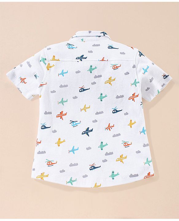 Babyhug Cotton Half Sleeves Knit Boys Shirt Aeroplane Print - White