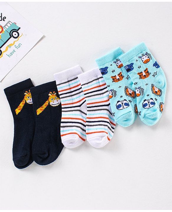 Cute Walk by Babyhug Anti Bacterial Ankle Length Non Terry Striped Socks Giraffe Print Pack of 3 - Blue White