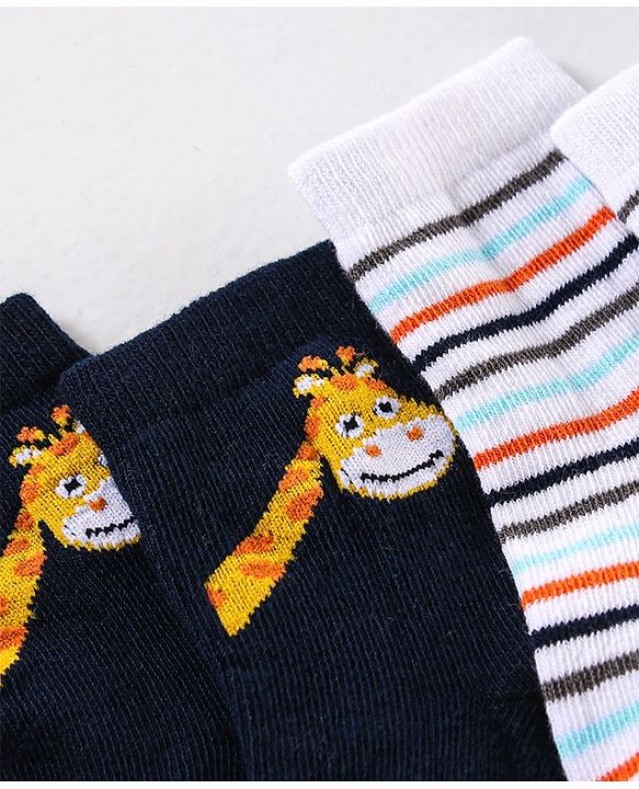 Cute Walk by Babyhug Anti Bacterial Ankle Length Non Terry Striped Socks Giraffe Print Pack of 3 - Blue White