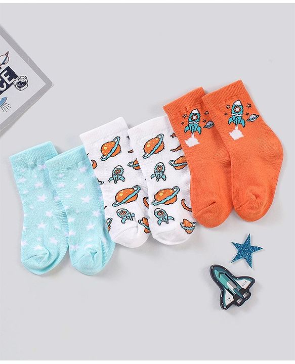 Cute Walk by Babyhug Ankle Length Anti Bacterial Space Theme Socks Pack Of 3 - Blue White
