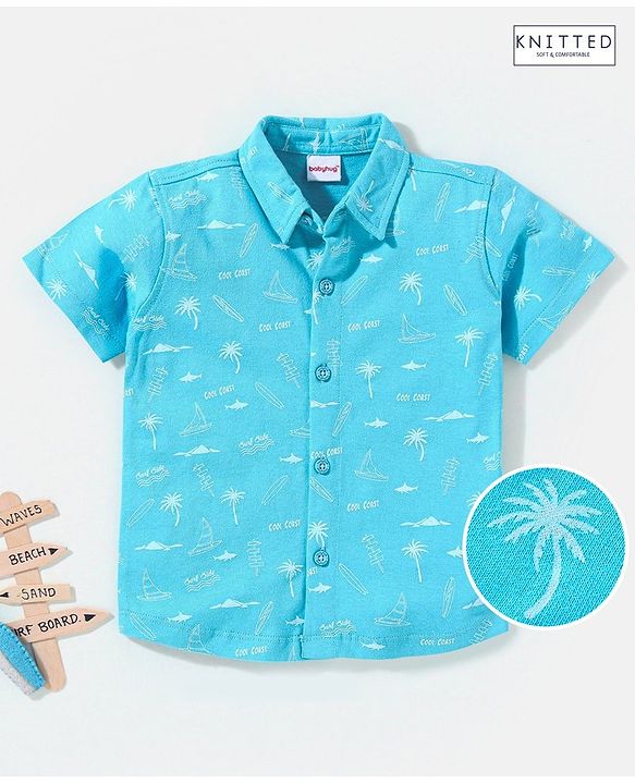 Babyhug Half Sleeves Cotton Knitted Beach Theme Printed Shirt - Blue