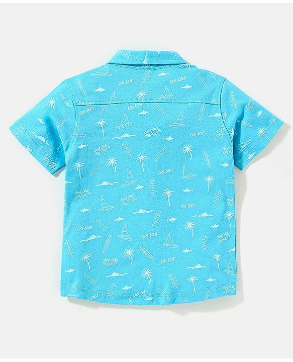 Babyhug Half Sleeves Cotton Knitted Beach Theme Printed Shirt - Blue
