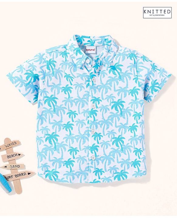 Babyhug Half Sleeves Cotton Knitted Palm Tree Printed Shirt - White & Blue