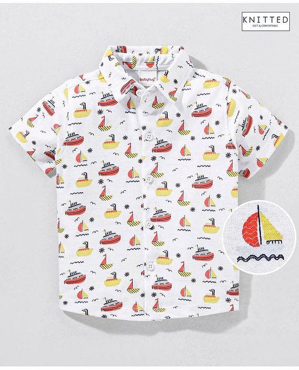 Babyhug Half Sleeves Cotton Knitted Boat Print Shirt- - White