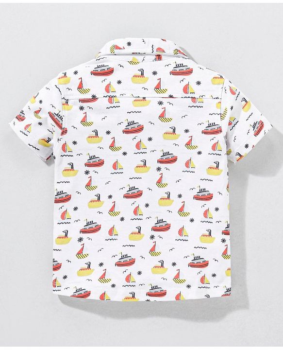 Babyhug Half Sleeves Cotton Knitted Boat Print Shirt- - White