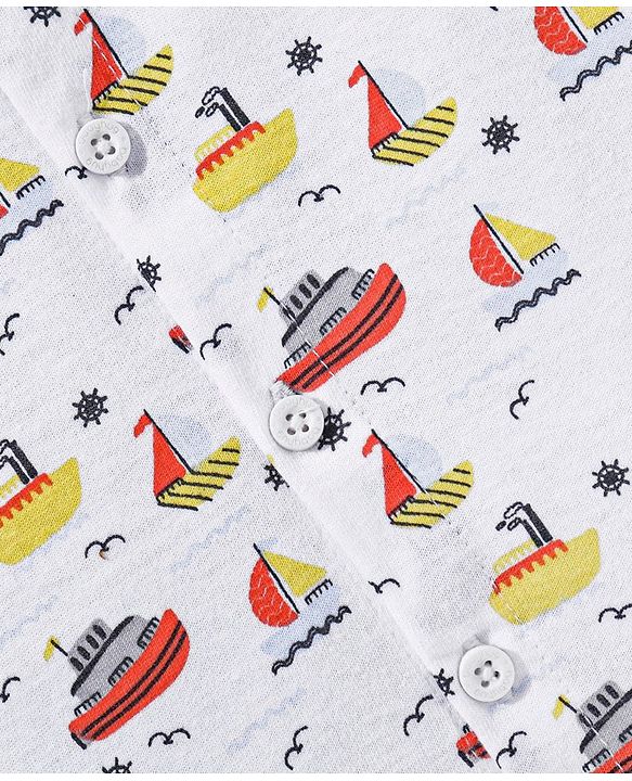 Babyhug Half Sleeves Cotton Knitted Boat Print Shirt- - White