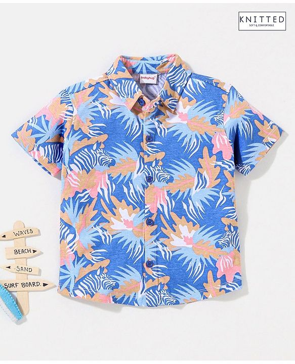 Babyhug Half Sleeves Cotton Knitted Zebra Printed Shirt - Blue