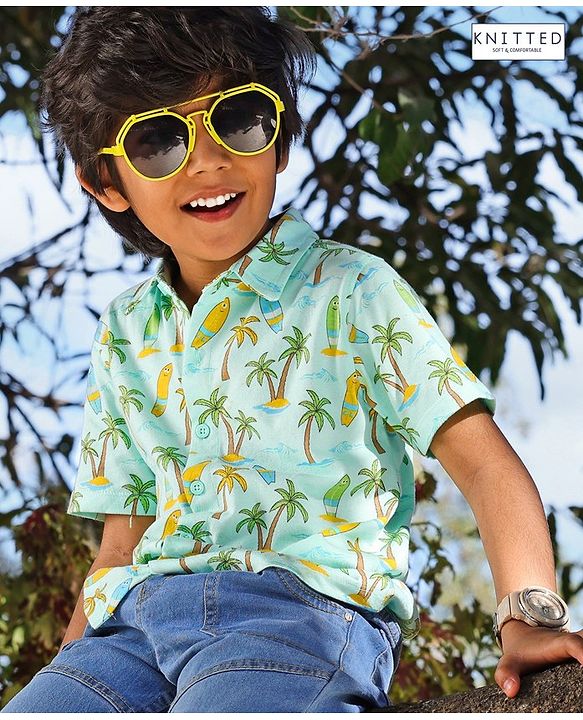 Babyhug cotton Half sleeves Knit boys shirt Surf Print- Blue