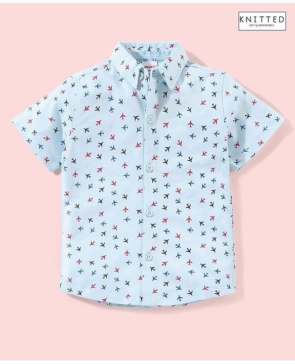 Babyhug Half Sleeves Cotton Knitted Airplane Print Shirt - Light Blue