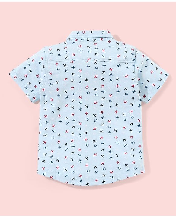 Babyhug Half Sleeves Cotton Knitted Airplane Print Shirt - Light Blue