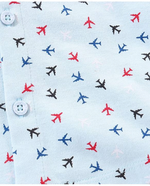 Babyhug Half Sleeves Cotton Knitted Airplane Print Shirt - Light Blue