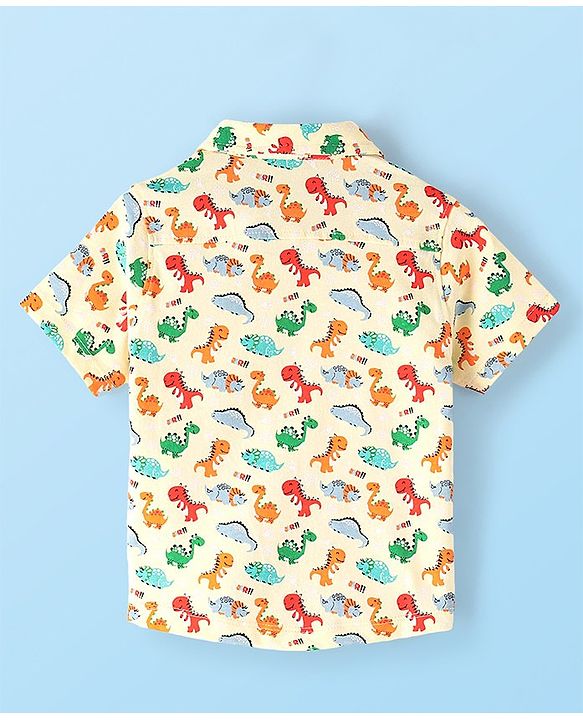 Babyhug Cotton Knit Half Sleeve  Regular Collar Dino Printed Shirt - White