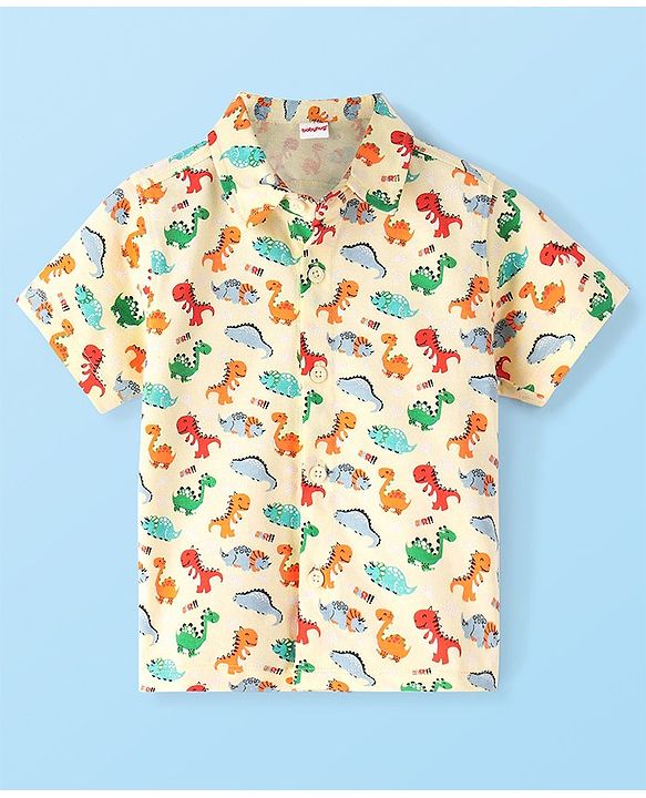 Babyhug Cotton Knit Half Sleeve  Regular Collar Dino Printed Shirt - White