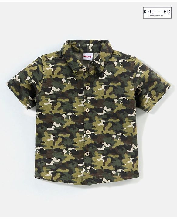 Babyhug Half Sleeve Cotton Knitted Camouflage Printed Shirt - Green
