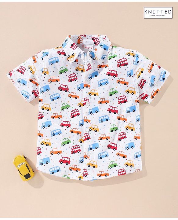 Babyhug Cotton Half Sleeves Knit Boys Shirt Car & Bus Print - White