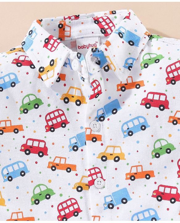 Babyhug Cotton Half Sleeves Knit Boys Shirt Car & Bus Print - White