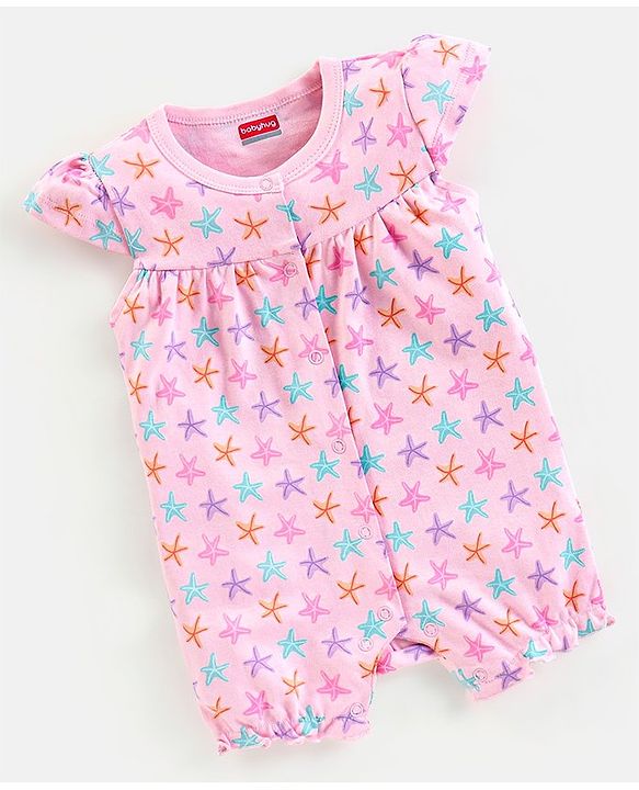 Babyhug 100% Cotton Knit Short Sleeves Romper Starfish Print - Pink