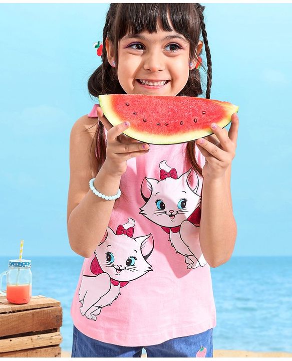 Babyhug 100% Cotton Sleeveless Tee With Marie Print & Bow Detailing- Pink