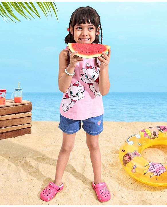 Babyhug 100% Cotton Sleeveless Tee With Marie Print & Bow Detailing- Pink