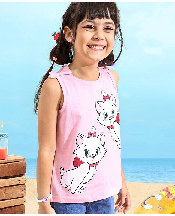 Babyhug 100% Cotton Sleeveless Tee With Marie Print & Bow Detailing- Pink