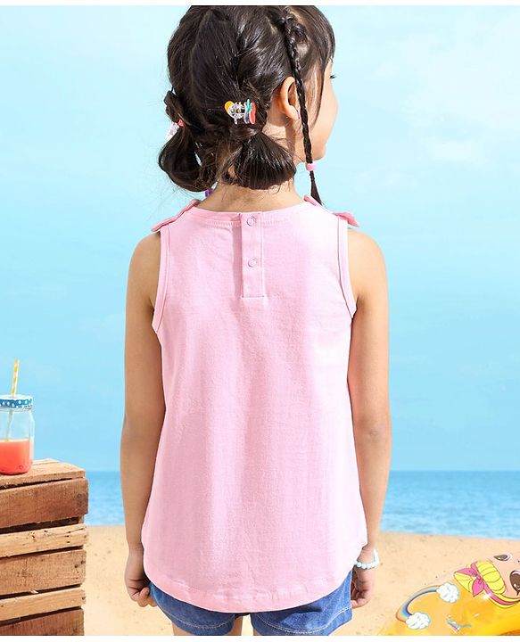 Babyhug 100% Cotton Sleeveless Tee With Marie Print & Bow Detailing- Pink