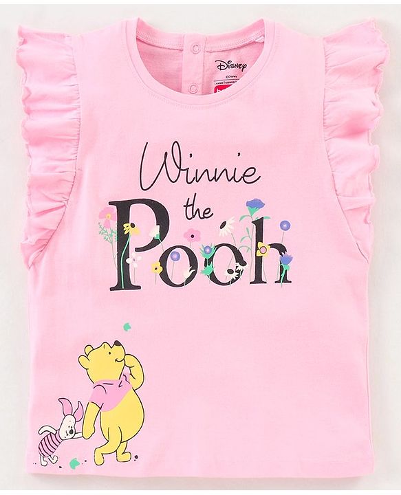 Babyhug Frill Sleeves Tee With Winnie The Pooh Print & Frill Detailing- Pink