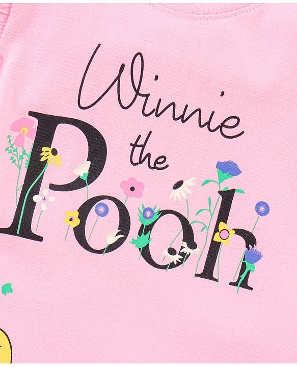 Babyhug Frill Sleeves Tee With Winnie The Pooh Print & Frill Detailing- Pink