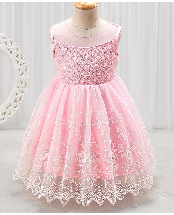 Babyhug Woven Sleeveless Party Frock with Embroidered & Sequines - Pink