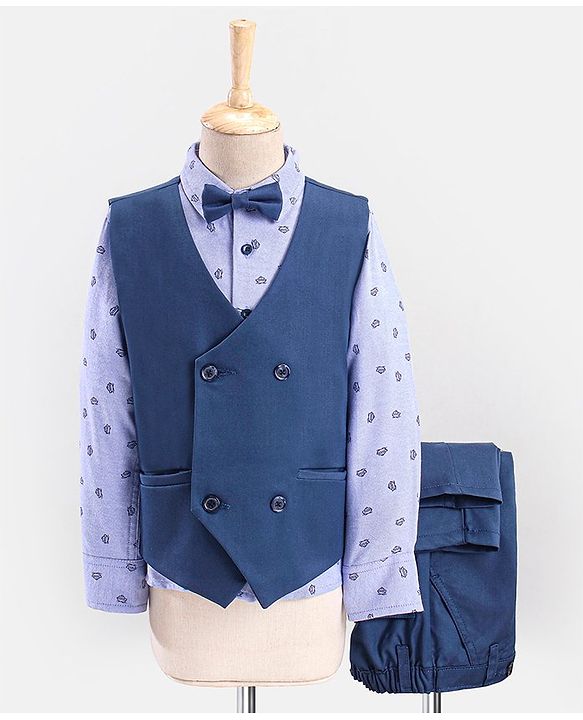 Babyhug Lycra Blend Full Sleeves Party Suit Ship Print- Blue & Grey