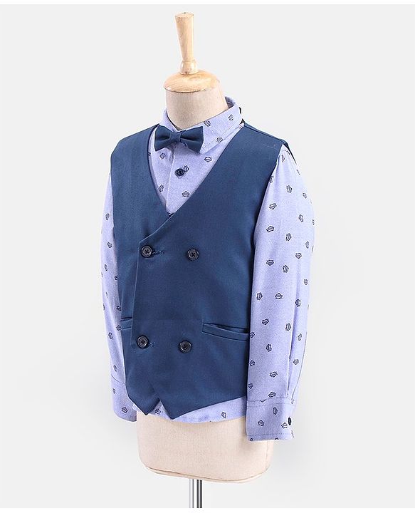 Babyhug Lycra Blend Full Sleeves Party Suit Ship Print- Blue & Grey