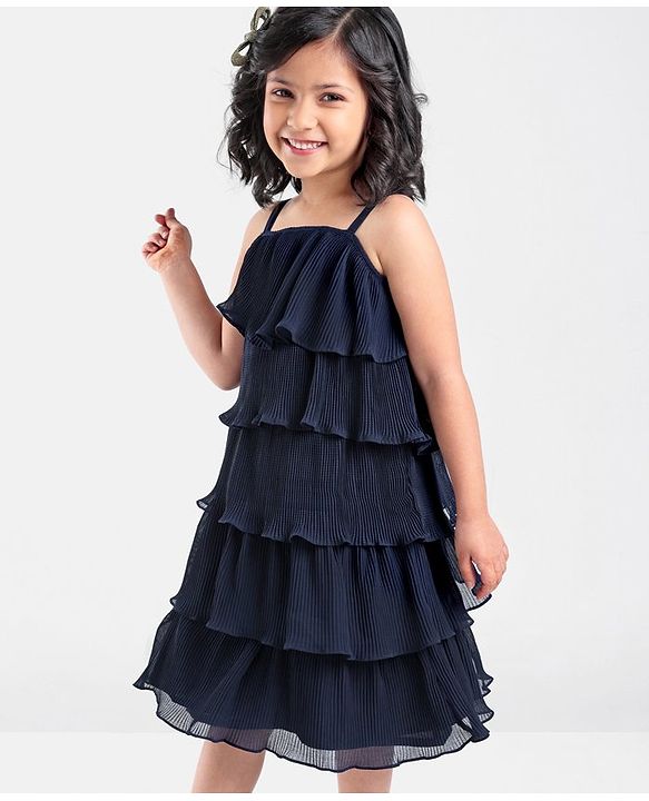 Babyhug Sleeveless Ruffled Layered Frock in Pleated Georgette - Navy