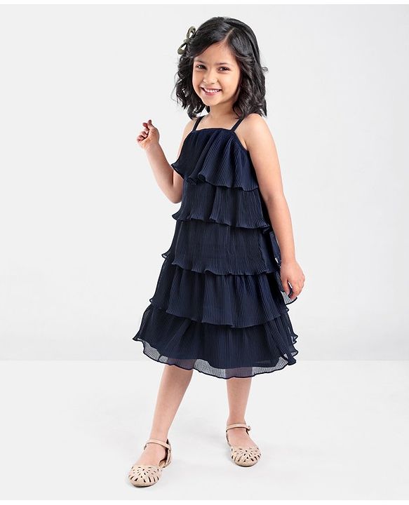 Babyhug Sleeveless Ruffled Layered Frock in Pleated Georgette - Navy