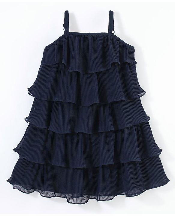 Babyhug Sleeveless Ruffled Layered Frock in Pleated Georgette - Navy