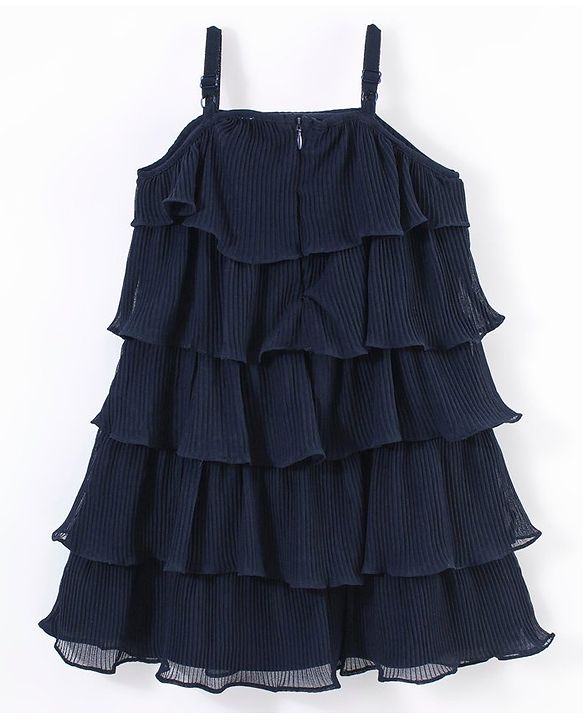Babyhug Sleeveless Ruffled Layered Frock in Pleated Georgette - Navy