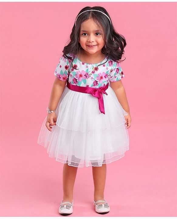 Babyhug Cap Sleeves Frock HD Floral Print - Off White