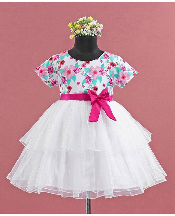 Babyhug Cap Sleeves Frock HD Floral Print - Off White